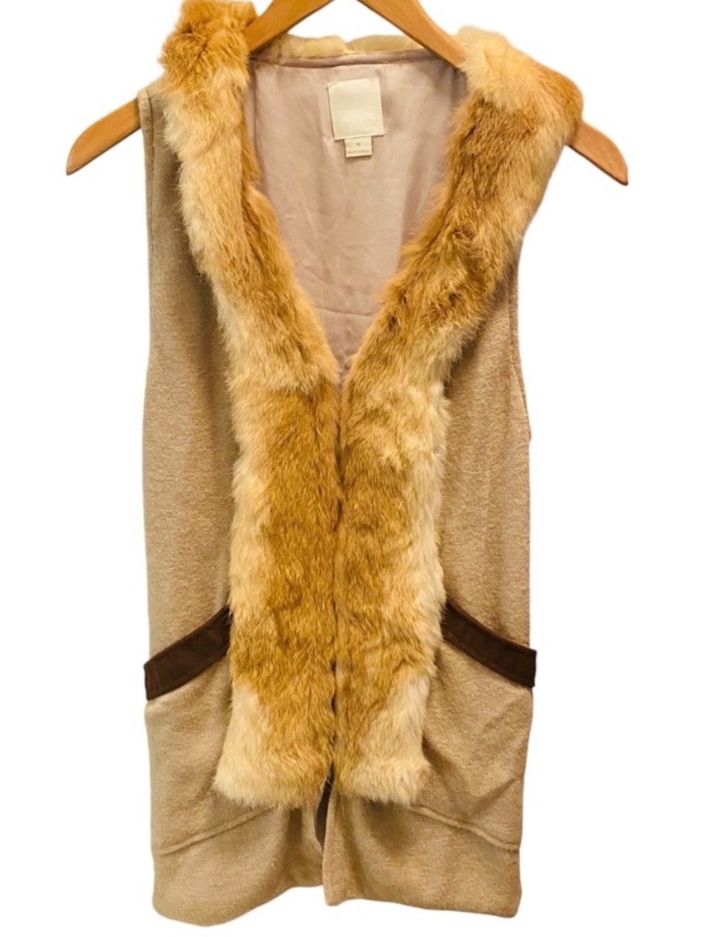 LINE & DOT Fur Vest Size Small in Beige Belted Rabbit Fur Shawl Collar